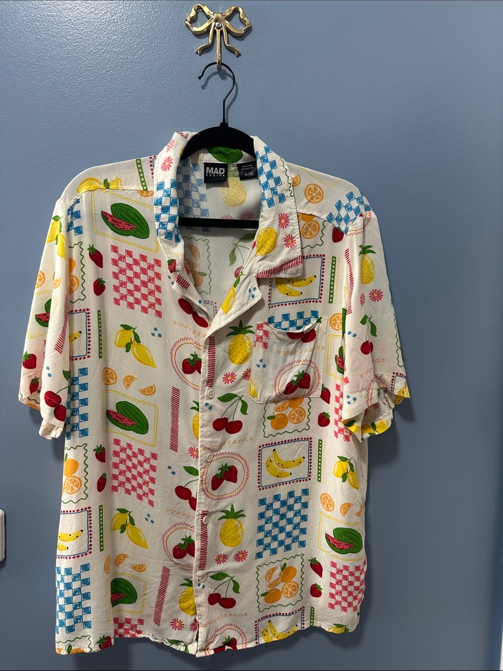 MAD Engine Cream Short-Sleeve Button-Up with Multicolor Fruit Print